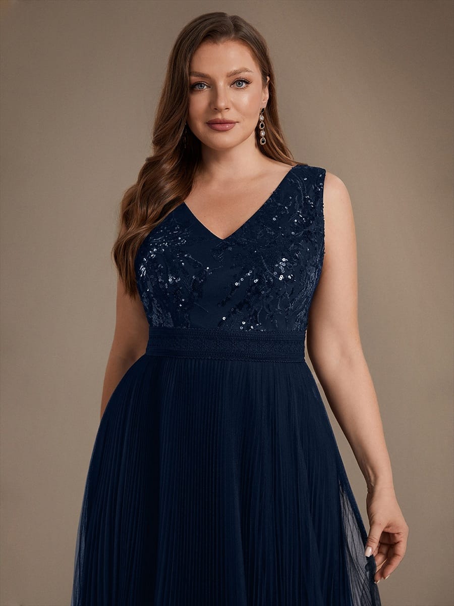 Sequin Tulle Sleeveless Dress #color_Navy Blue