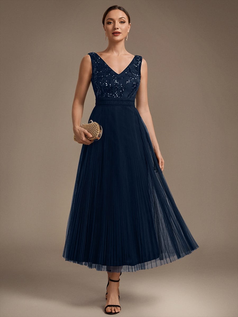 Sequin Tulle Sleeveless Dress #color_Navy Blue