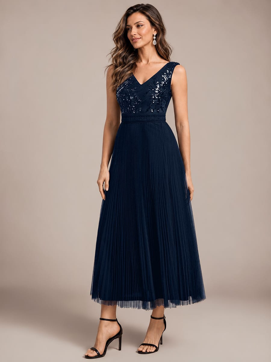 Sequin Tulle Sleeveless Dress #color_Navy Blue