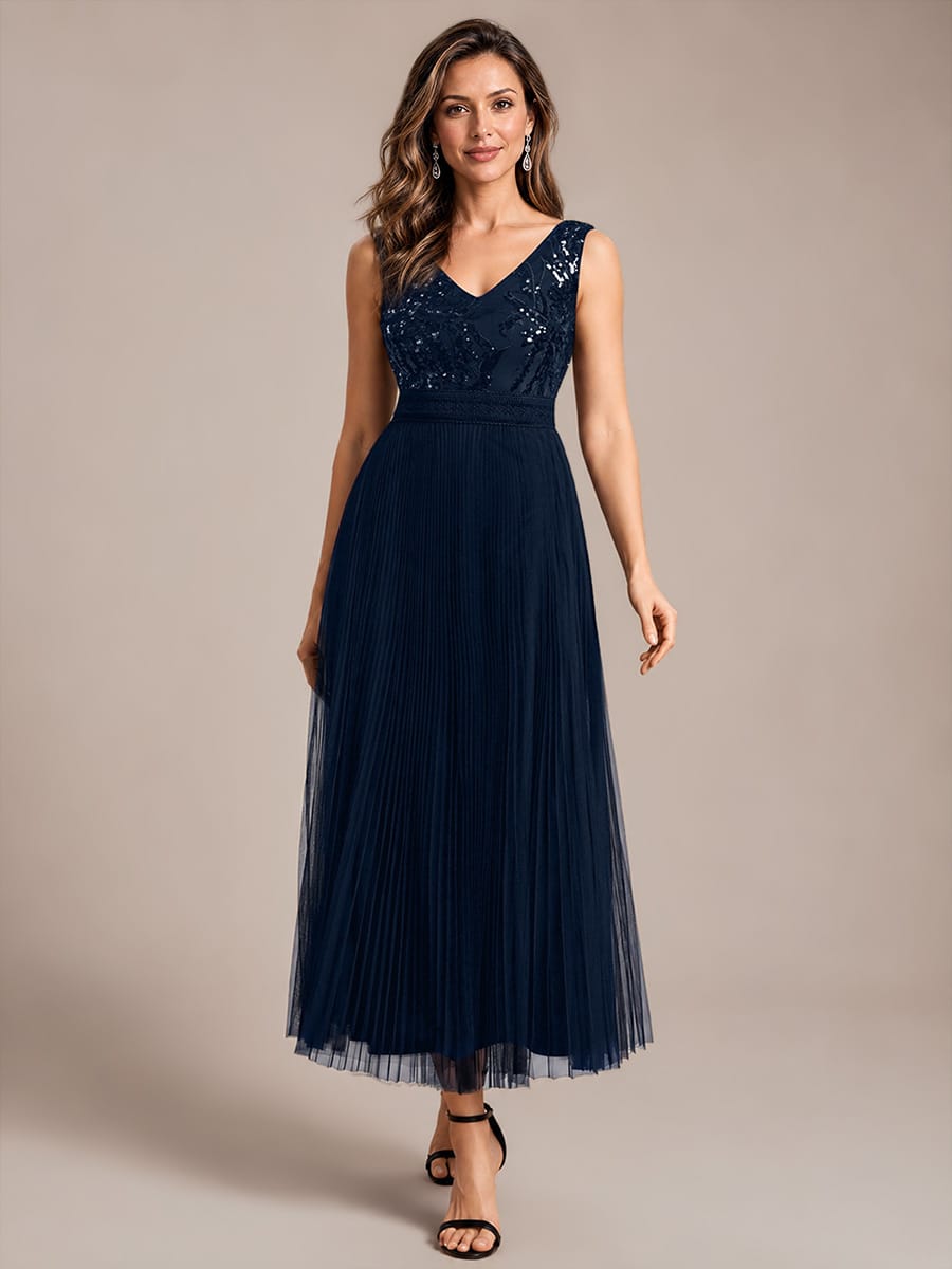 Sequin Tulle Sleeveless Dress #color_Navy Blue