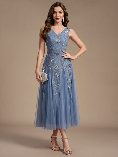 Beaded Sequin Tea Length Wedding Guest Dress