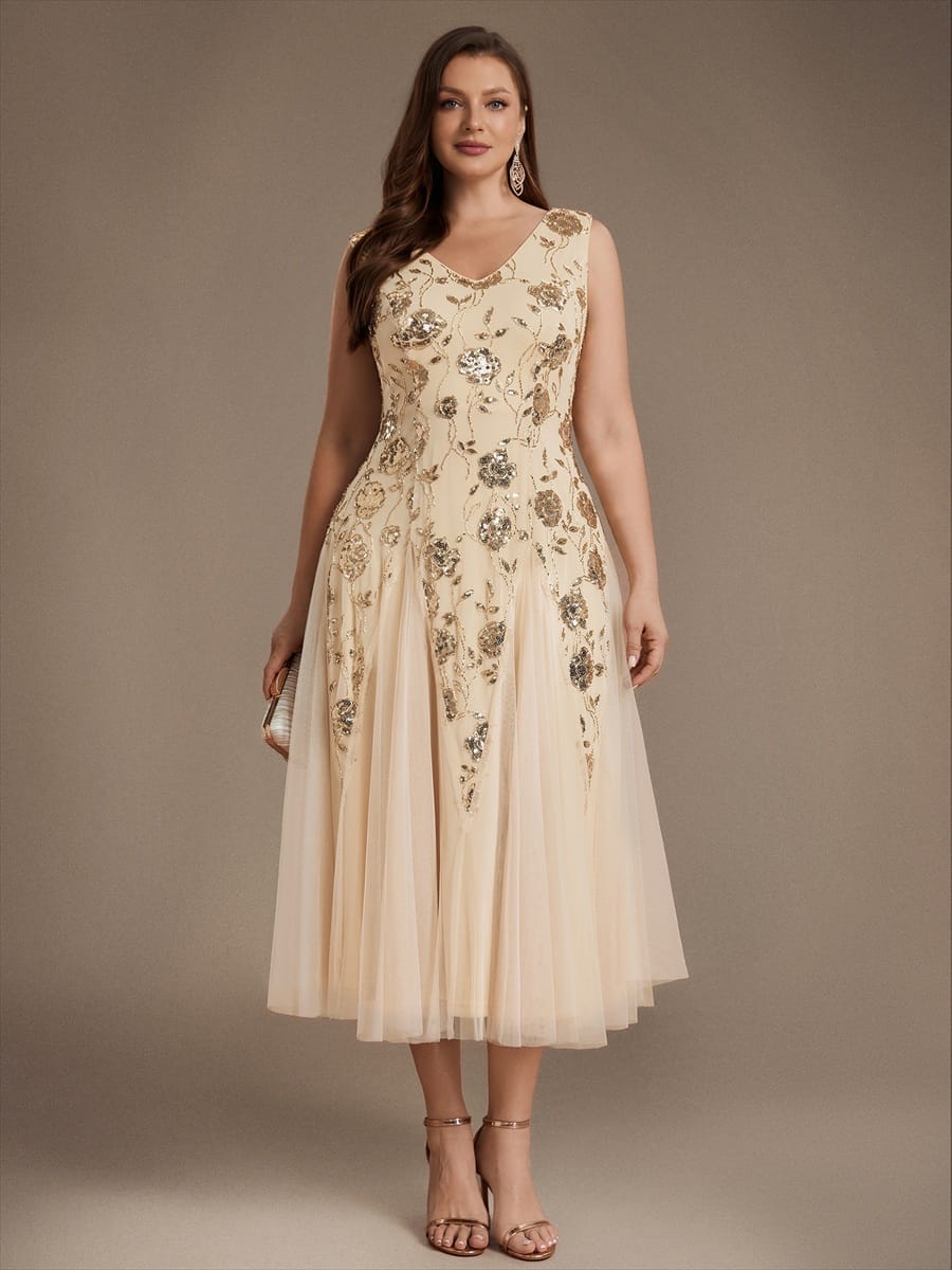 Beaded Sequin Sleeveless Dress #color_Gold