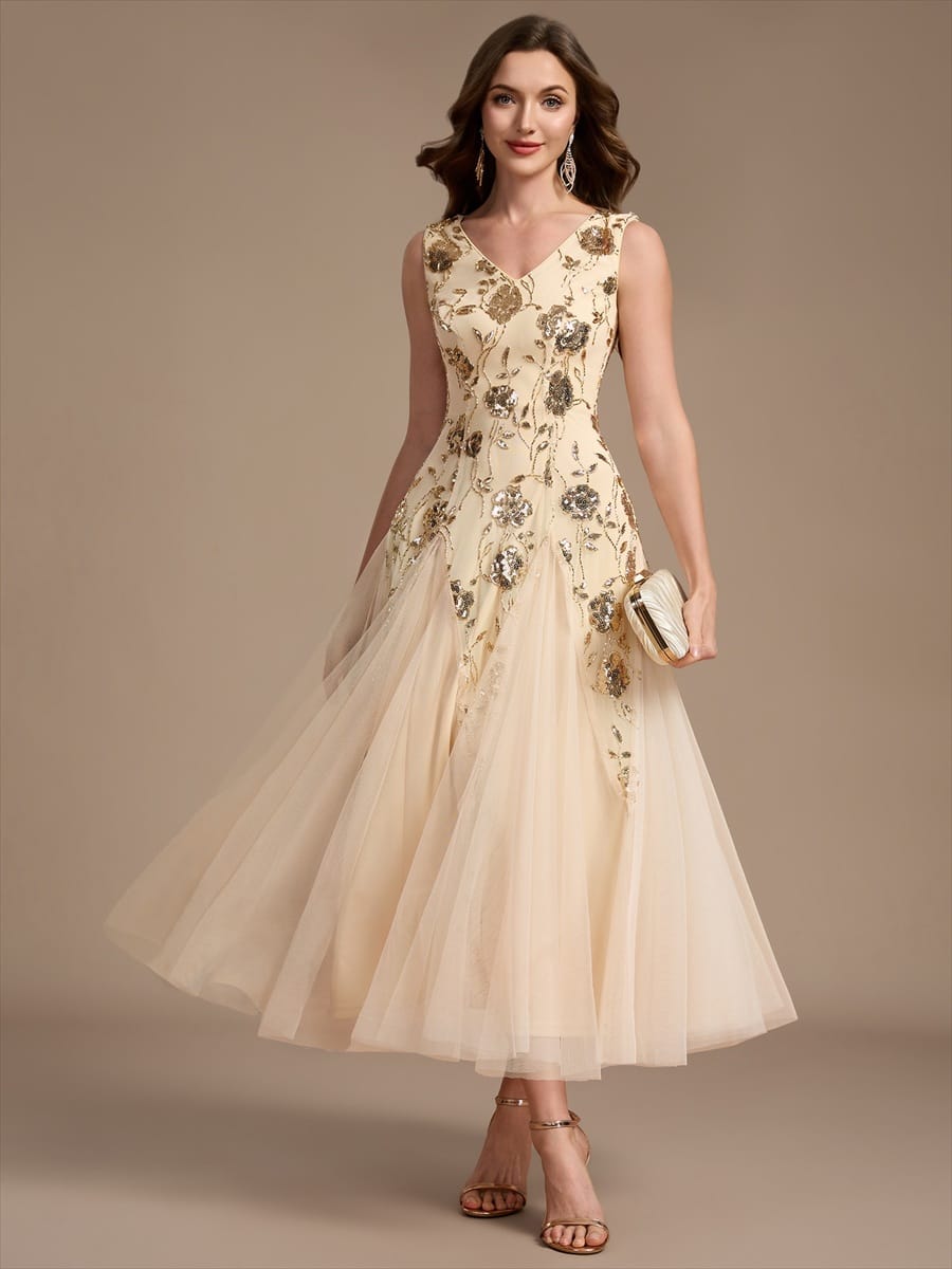 Beaded Sequin Sleeveless Dress #color_Gold
