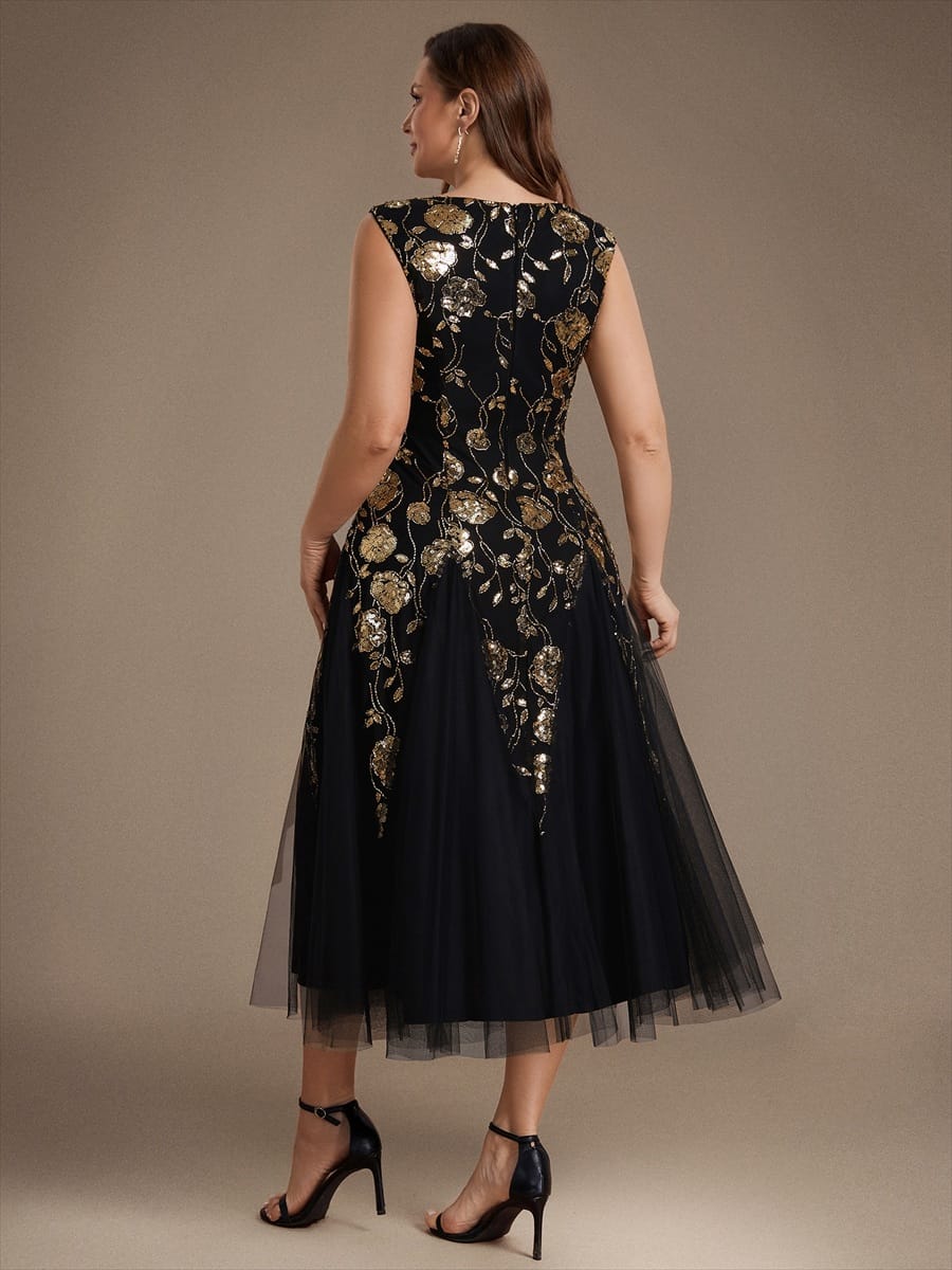 Beaded Sequin Sleeveless Dress #color_Black & Gold