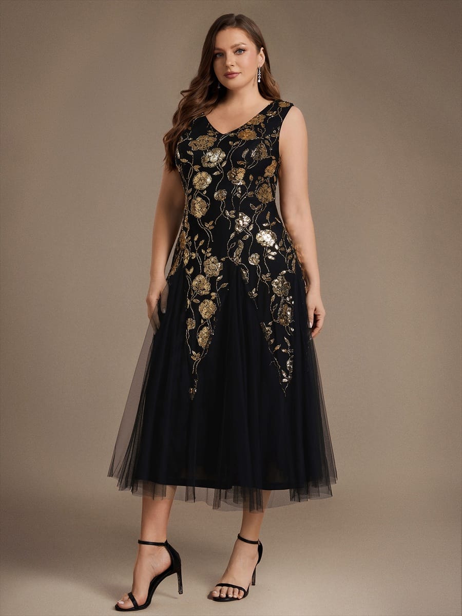 Beaded Sequin Sleeveless Dress #color_Black & Gold