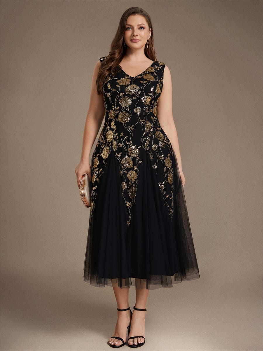 Beaded Sequin Sleeveless Dress #color_Black & Gold