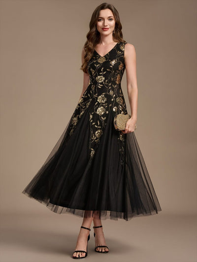 Beaded Sequin Tea Length Wedding Guest Dress