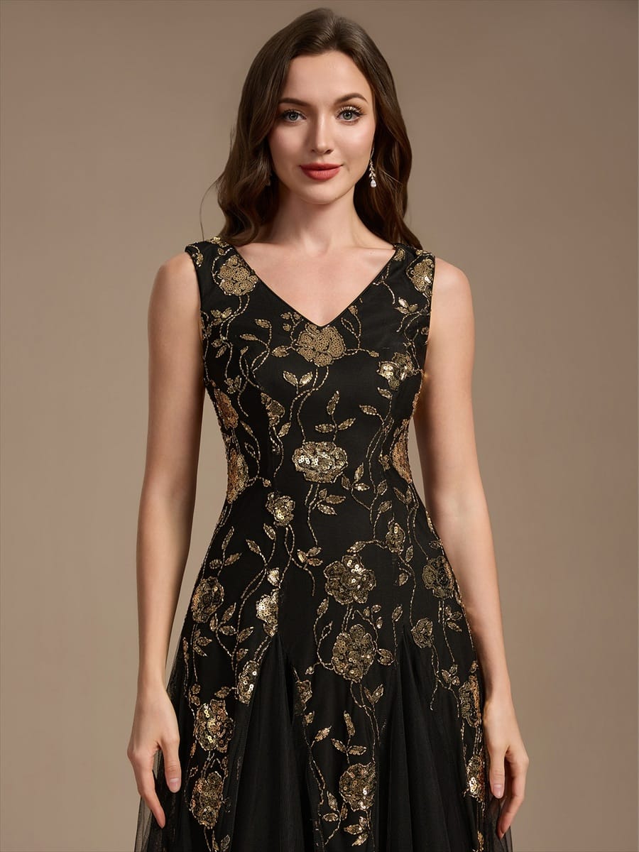 Beaded Sequin Sleeveless Dress #color_Black & Gold
