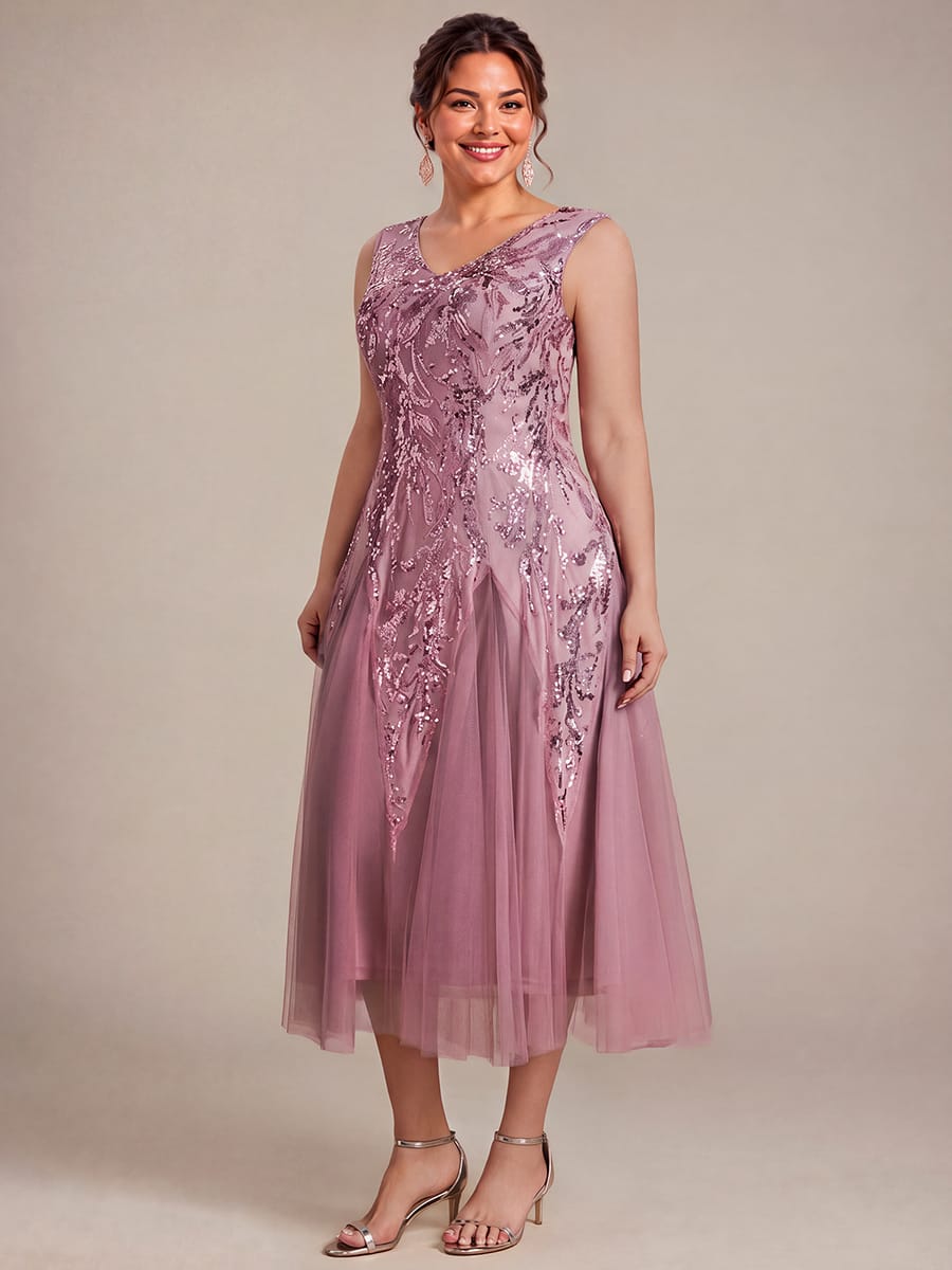 Sequins with Tea Length, V-neckline, A-line, Sleeveless and wedding guest dress #color_Purple Orchid