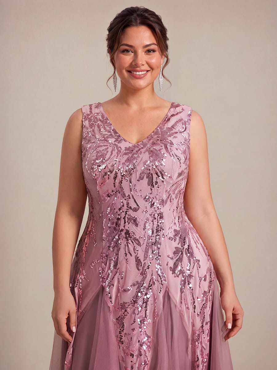 Sequins with Tea Length, V-neckline, A-line, Sleeveless and wedding guest dress #color_Purple Orchid