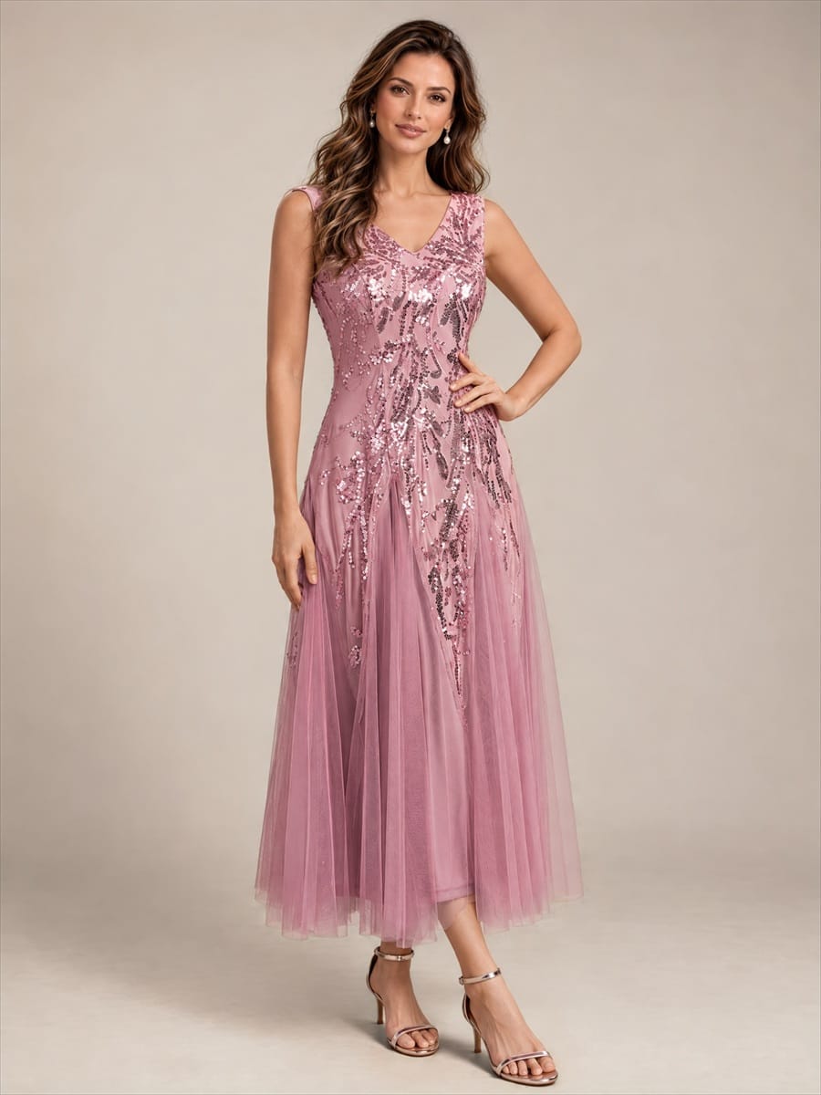 Sequins with Tea Length, V-neckline, A-line, Sleeveless and wedding guest dress #color_Purple Orchid