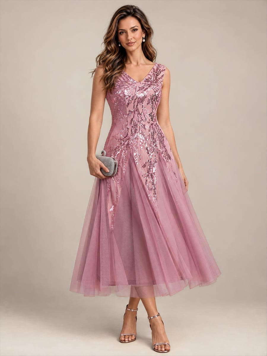 Sequins with Tea Length, V-neckline, A-line, Sleeveless and wedding guest dress #color_Purple Orchid