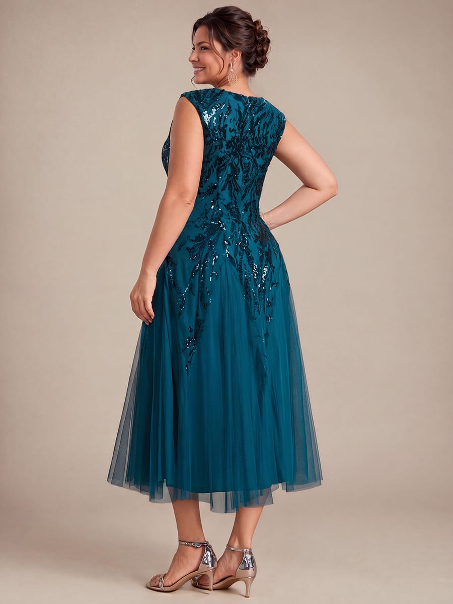 Sequins with Tea Length, V-neckline, A-line, Sleeveless and wedding guest dress #color_Teal