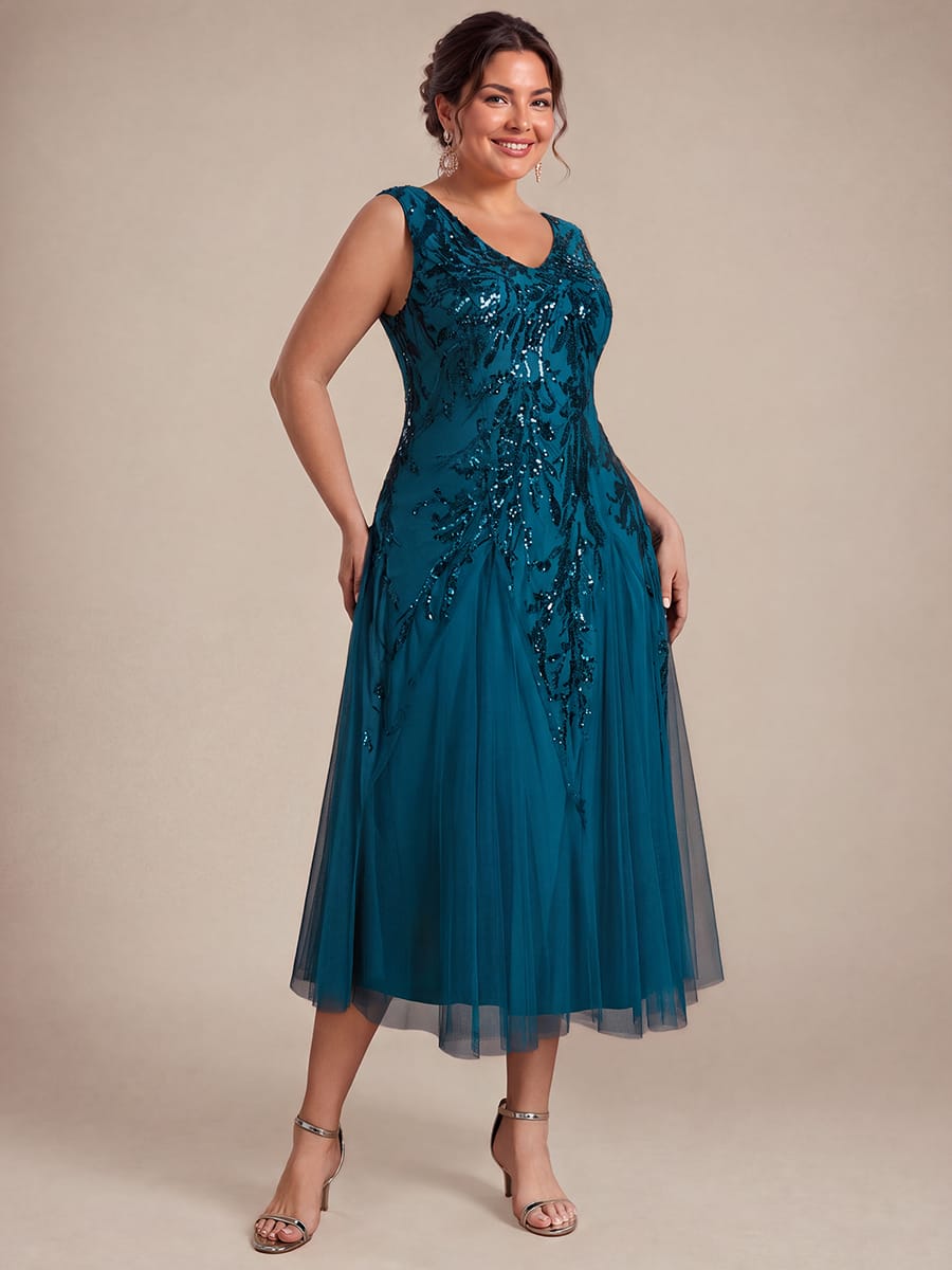 Sequins with Tea Length, V-neckline, A-line, Sleeveless and wedding guest dress #color_Teal