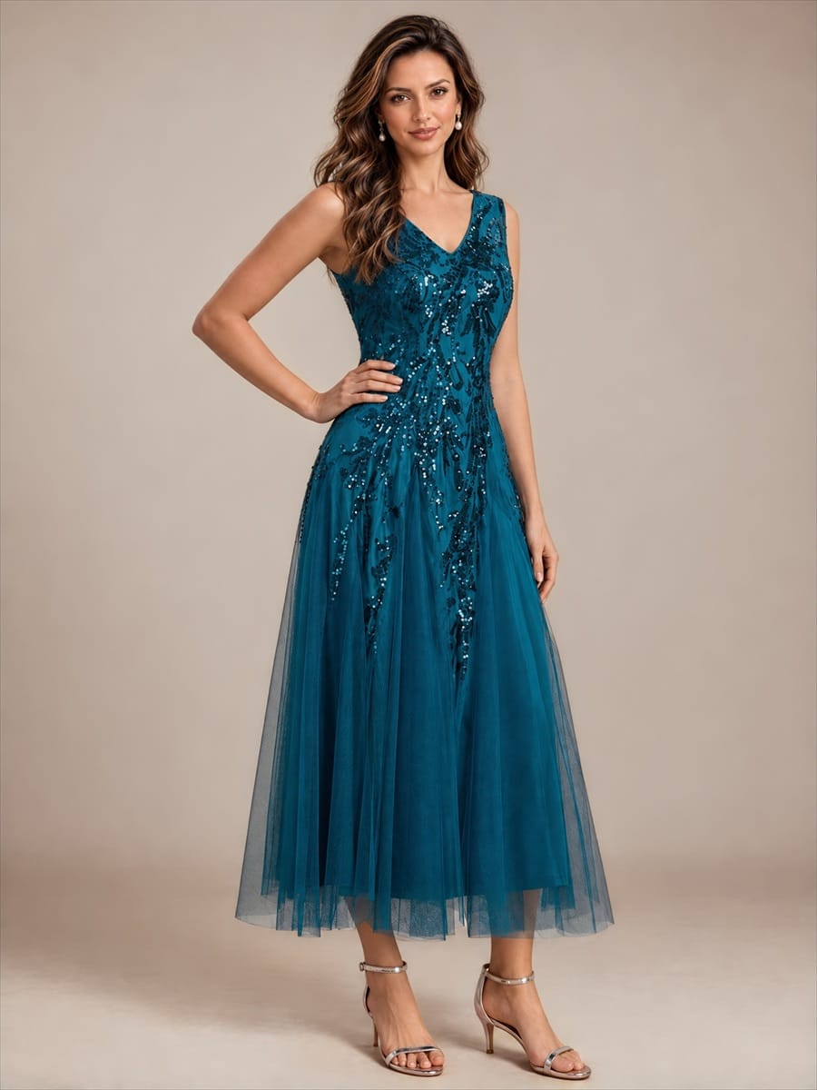 Sequins with Tea Length, V-neckline, A-line, Sleeveless and wedding guest dress #color_Teal