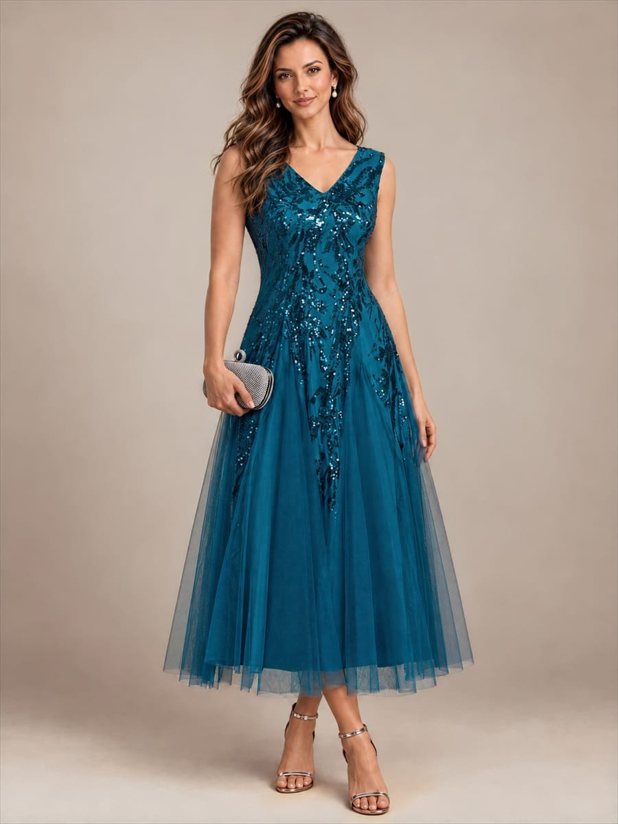 Sequins with Tea Length, V-neckline, A-line, Sleeveless and wedding guest dress #color_Teal