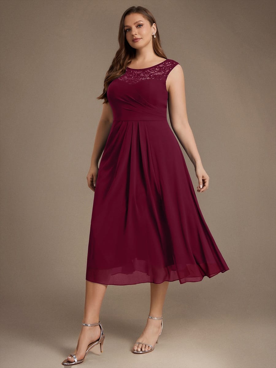 Chiffon with Tea Length, Round neckline, A-line, Sleeveless and wedding guest dress #color_Burgundy