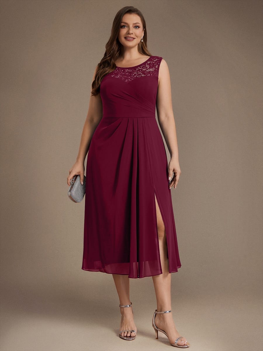 Chiffon with Tea Length, Round neckline, A-line, Sleeveless and wedding guest dress #color_Burgundy
