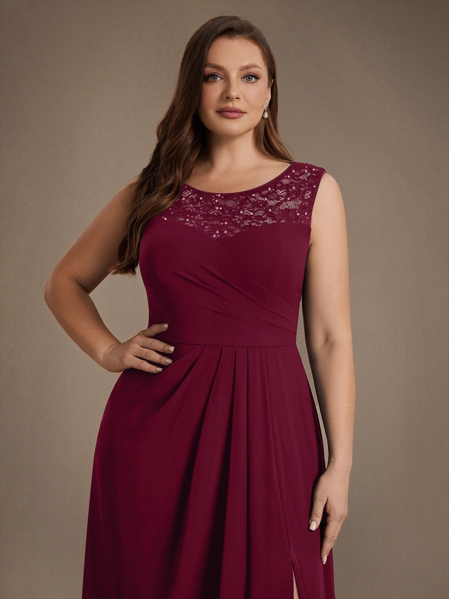 Chiffon with Tea Length, Round neckline, A-line, Sleeveless and wedding guest dress #color_Burgundy