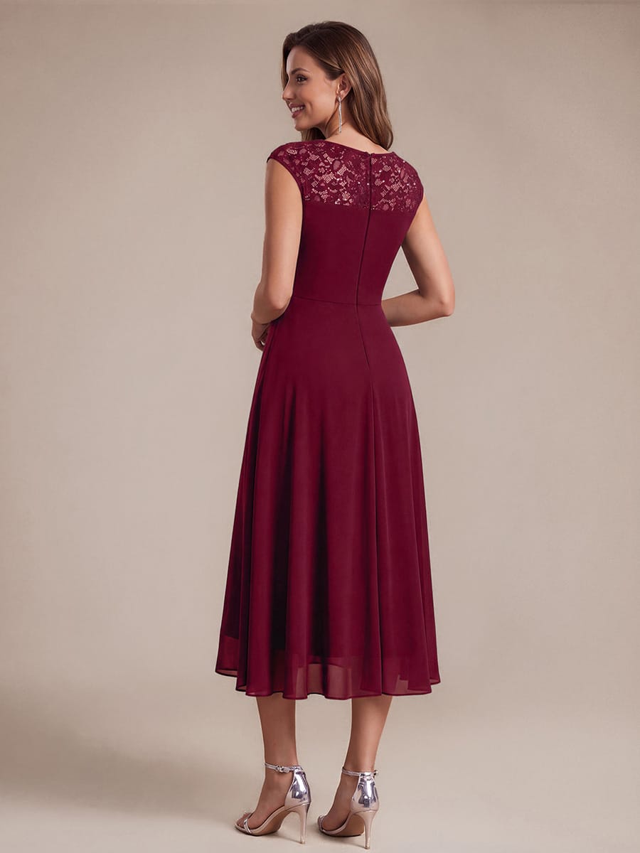 Chiffon with Tea Length, Round neckline, A-line, Sleeveless and wedding guest dress #color_Burgundy