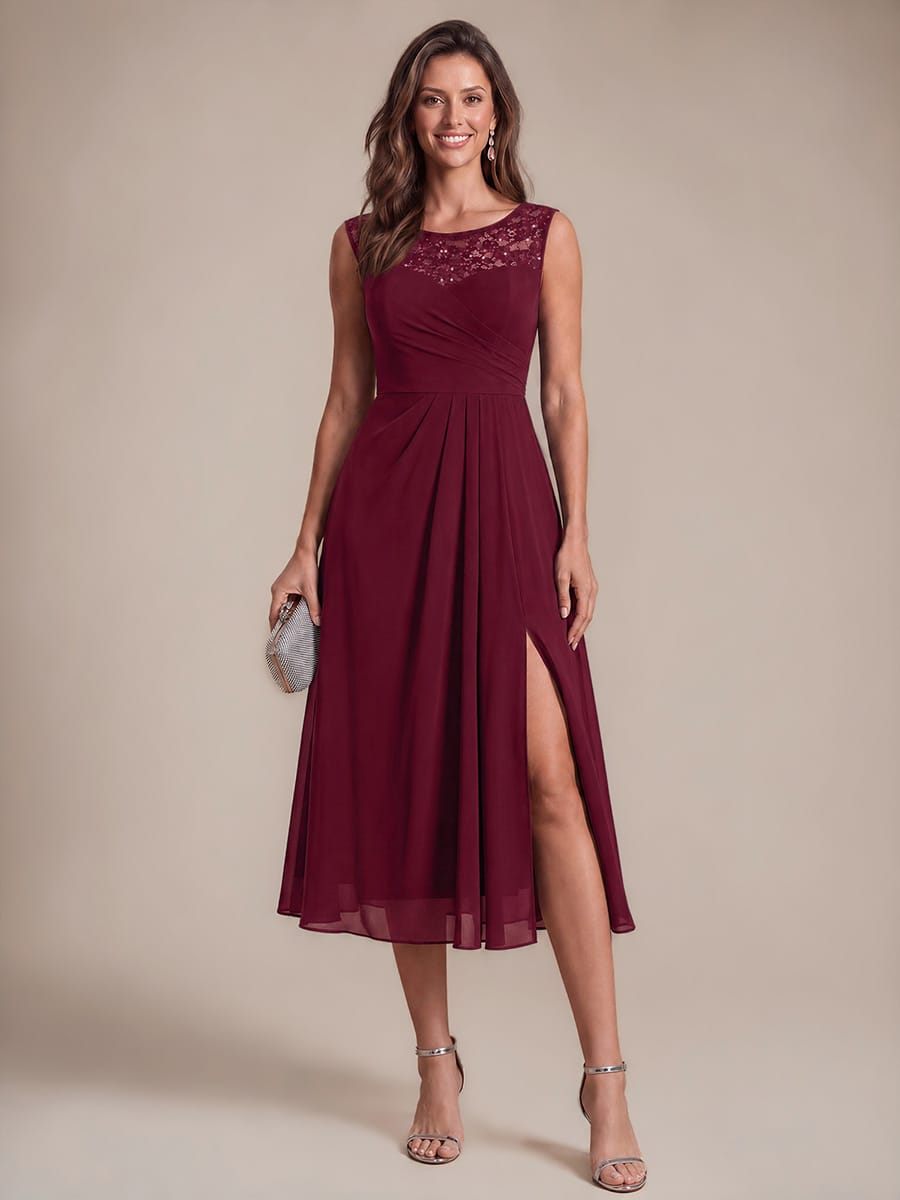 Chiffon with Tea Length, Round neckline, A-line, Sleeveless and wedding guest dress #color_Burgundy