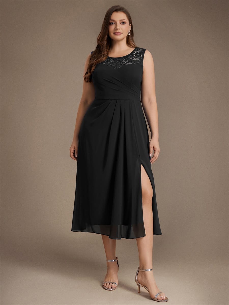 Chiffon with Tea Length, Round neckline, A-line, Sleeveless and wedding guest dress #color_Black