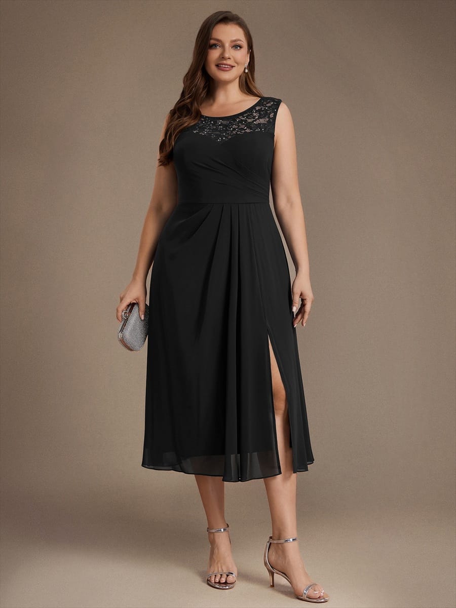 Chiffon with Tea Length, Round neckline, A-line, Sleeveless and wedding guest dress #color_Black