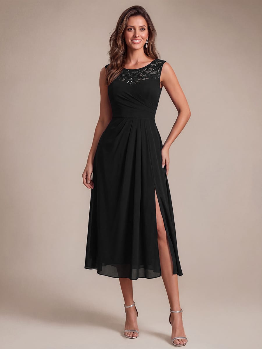 Chiffon with Tea Length, Round neckline, A-line, Sleeveless and wedding guest dress #color_Black