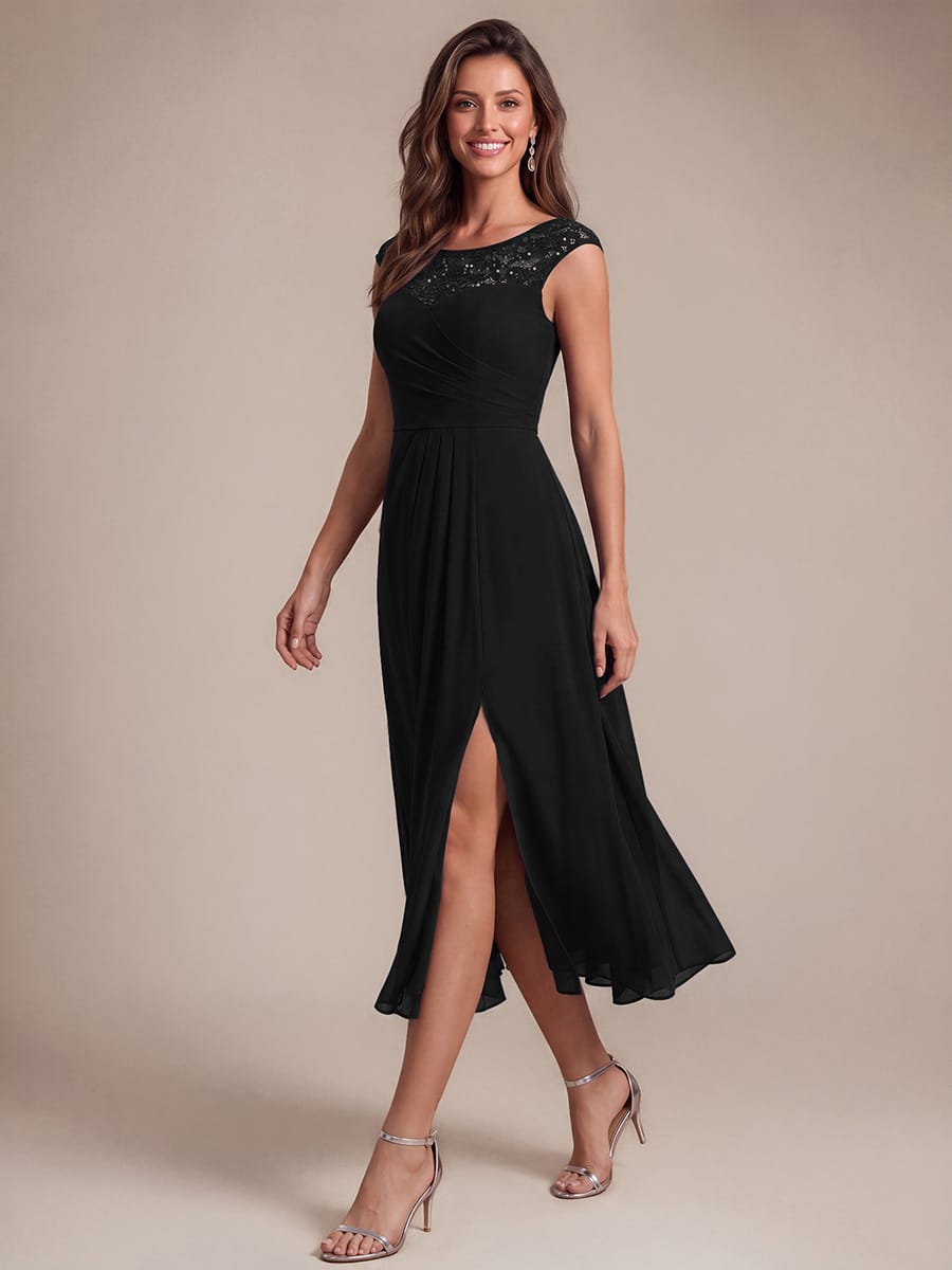 Chiffon with Tea Length, Round neckline, A-line, Sleeveless and wedding guest dress #color_Black