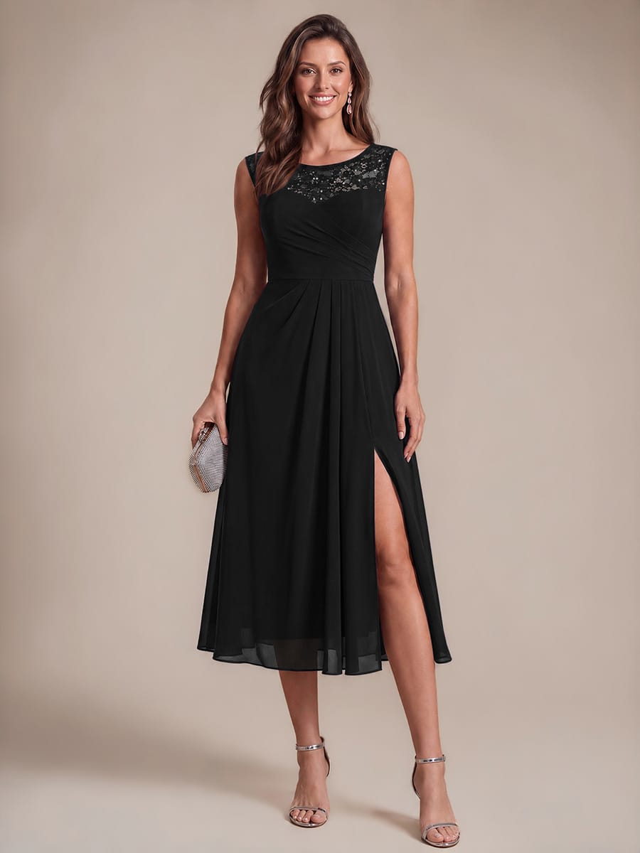 Chiffon with Tea Length, Round neckline, A-line, Sleeveless and wedding guest dress #color_Black