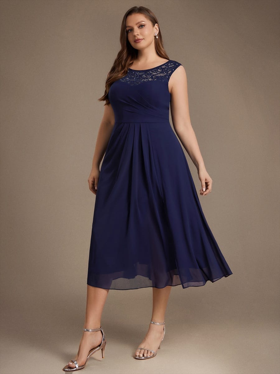 Chiffon with Tea Length, Round neckline, A-line, Sleeveless and wedding guest dress #color_Navy Blue