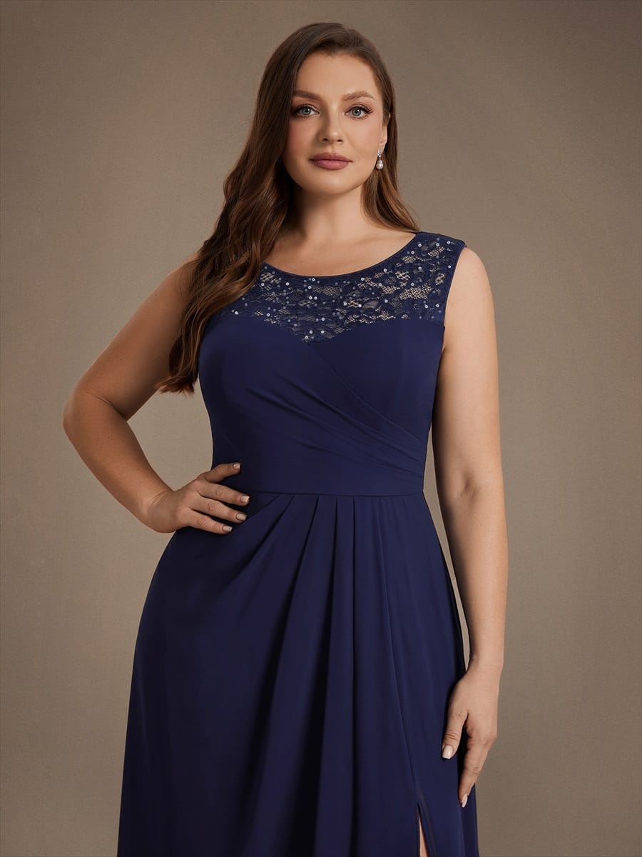 Chiffon with Tea Length, Round neckline, A-line, Sleeveless and wedding guest dress #color_Navy Blue