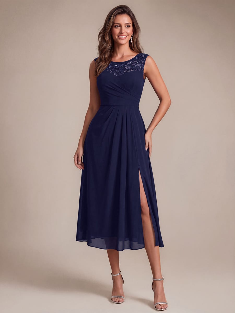 Chiffon with Tea Length, Round neckline, A-line, Sleeveless and wedding guest dress #color_Navy Blue