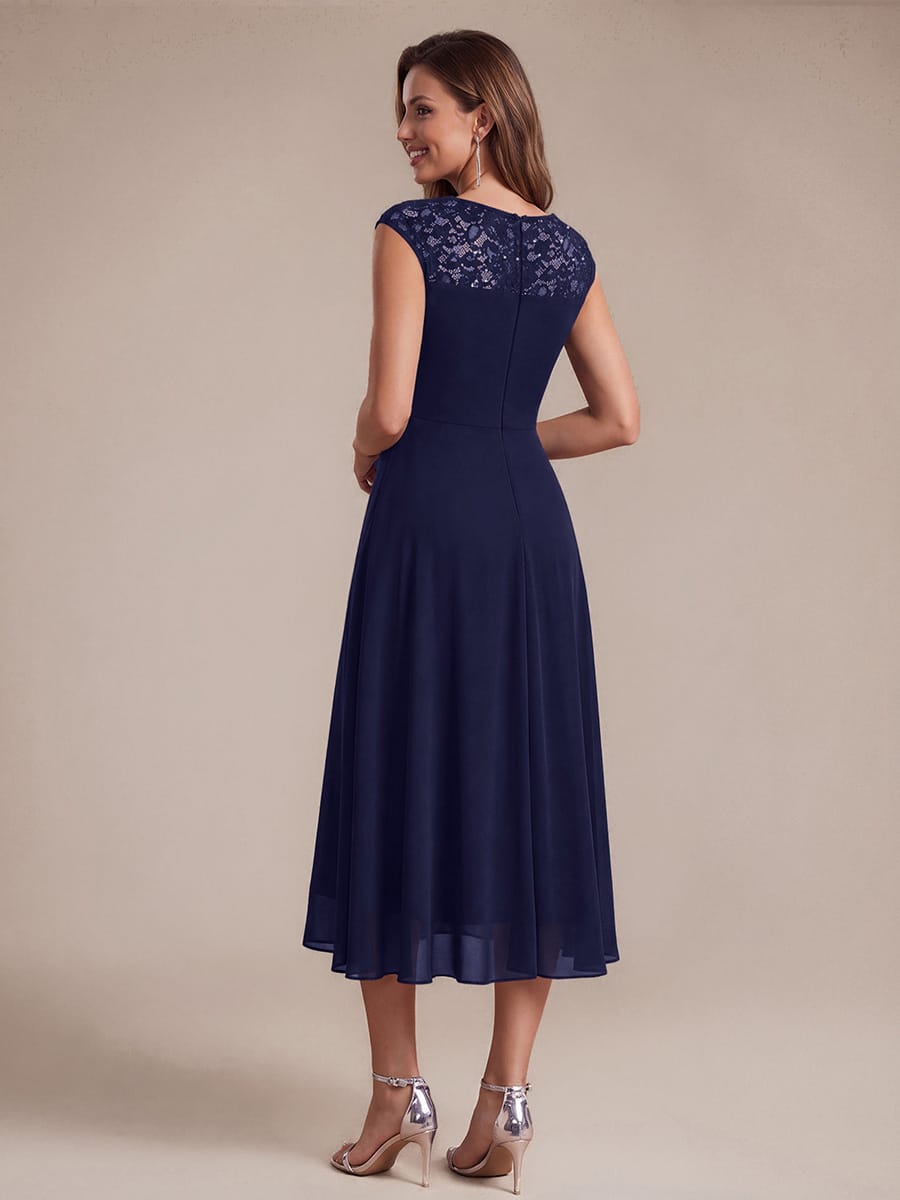 Chiffon with Tea Length, Round neckline, A-line, Sleeveless and wedding guest dress #color_Navy Blue