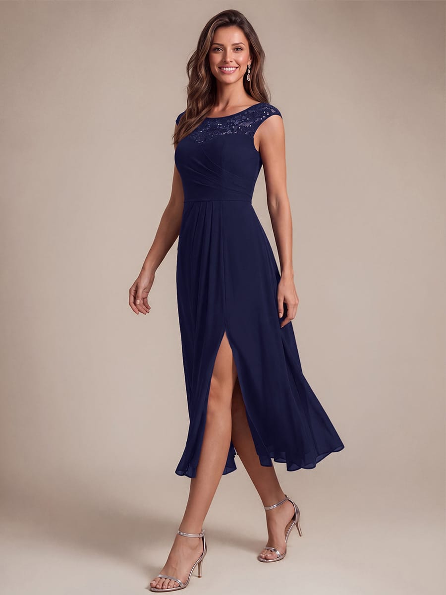 Chiffon with Tea Length, Round neckline, A-line, Sleeveless and wedding guest dress #color_Navy Blue