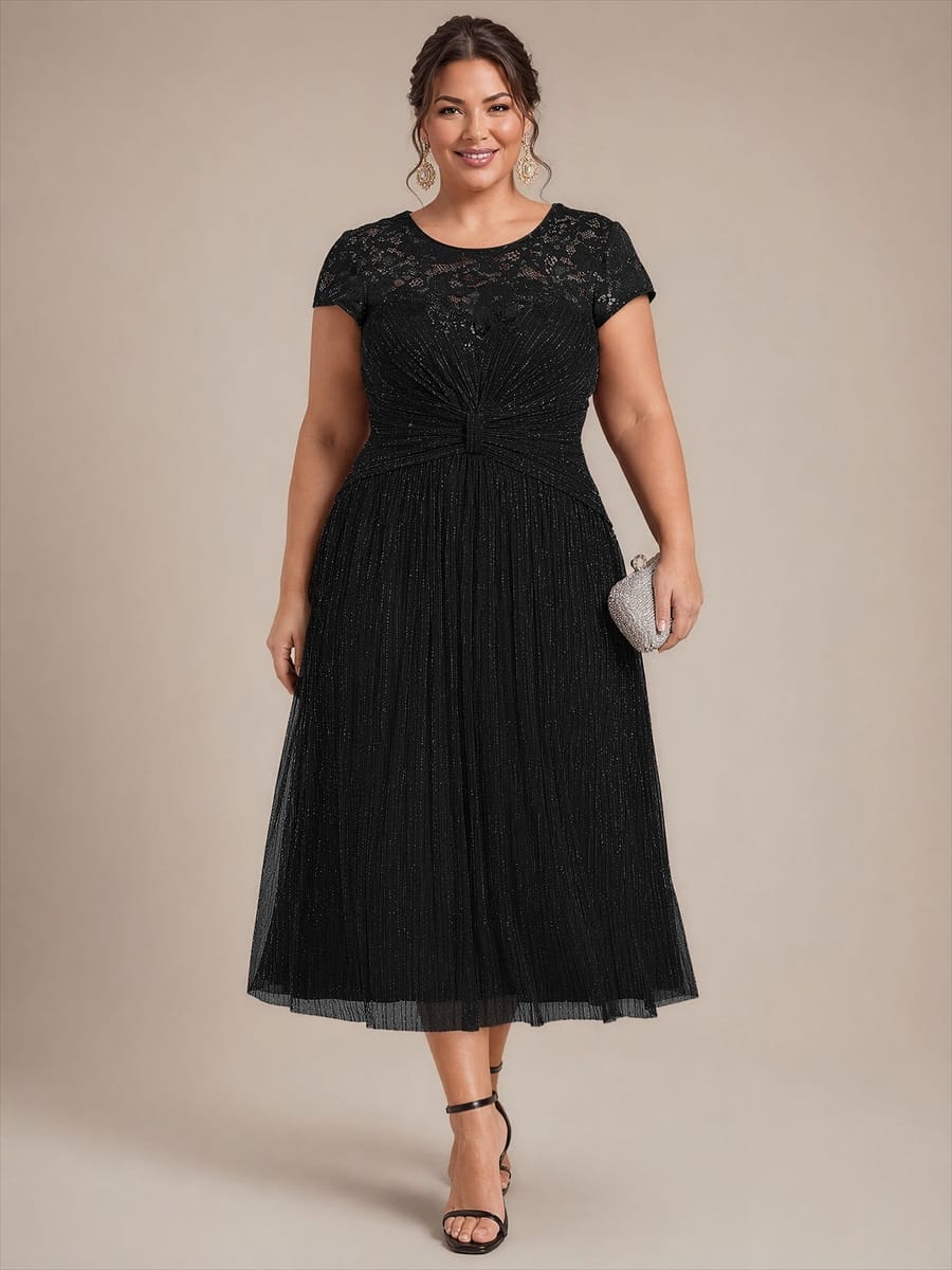 Tulle Cap Sleeve A-line Dress #color_Black