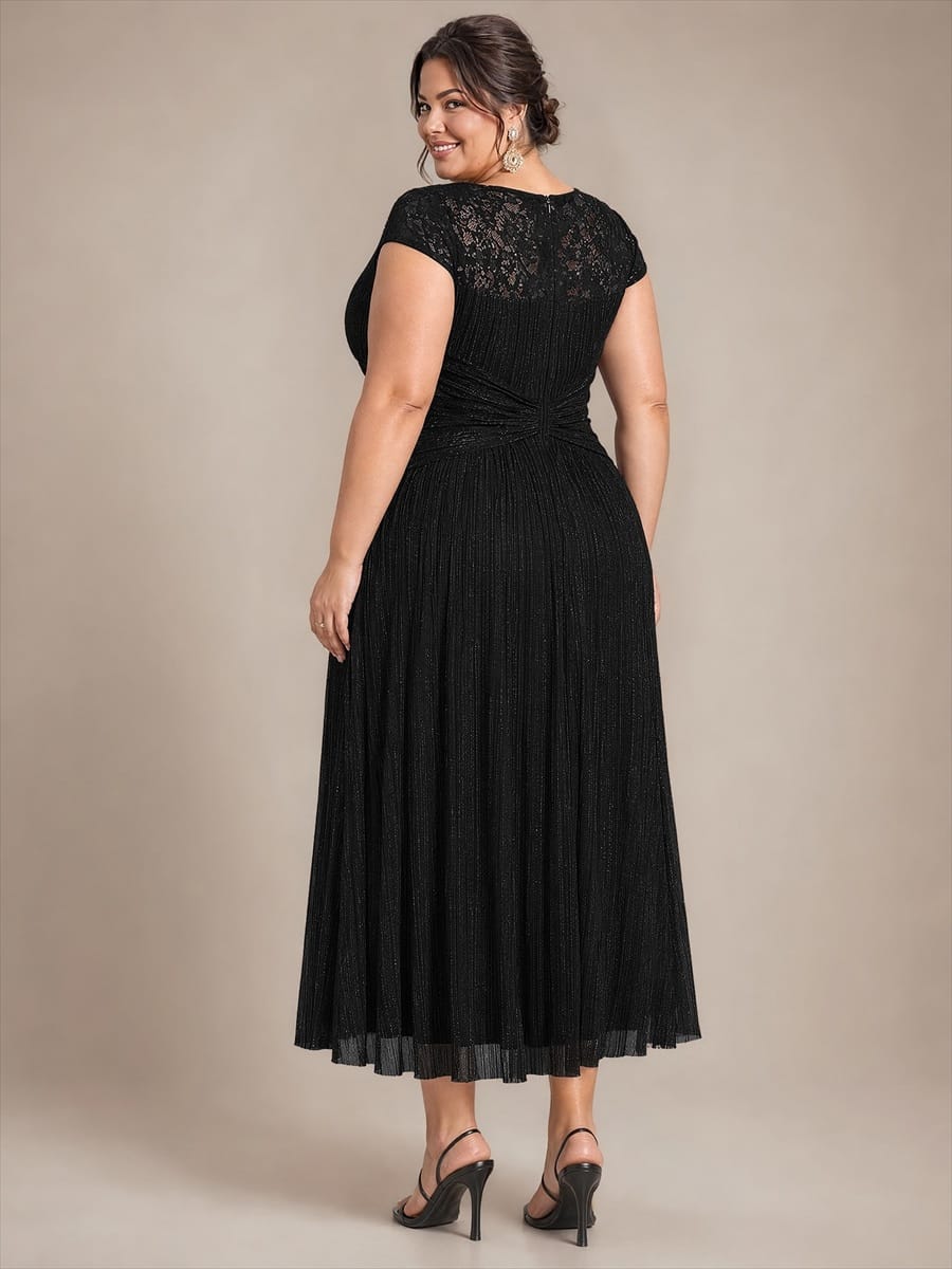 Tulle Cap Sleeve A-line Dress #color_Black