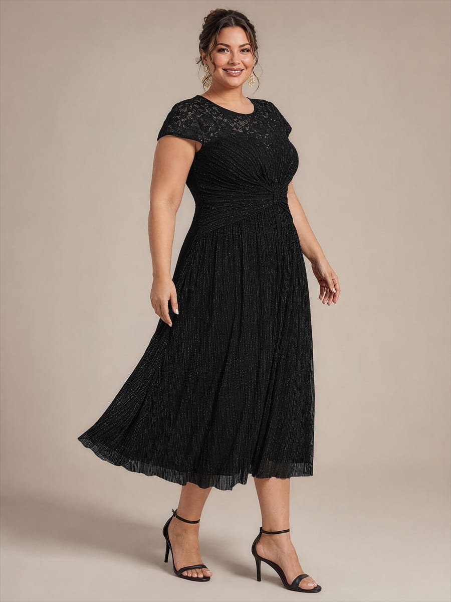 Tulle Cap Sleeve A-line Dress #color_Black