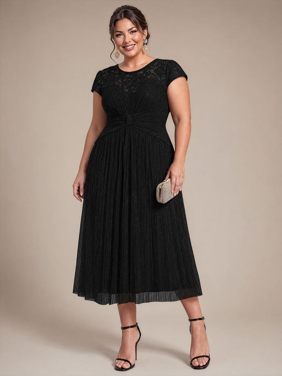 Tulle Cap Sleeve A-line Dress #color_Black