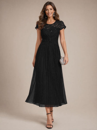 Sequin Tulle Midi Wedding Guest Dress with Cap Sleeves
