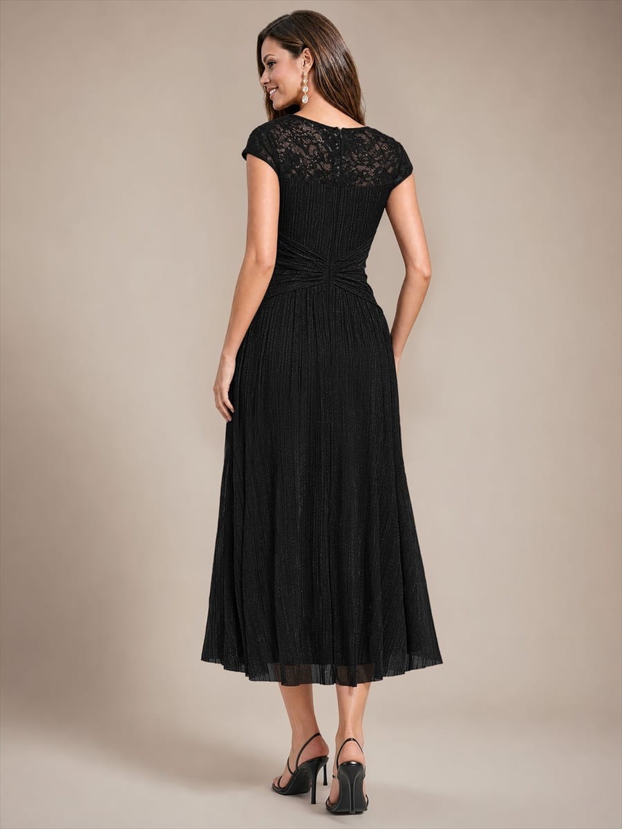 Tulle Cap Sleeve A-line Dress #color_Black