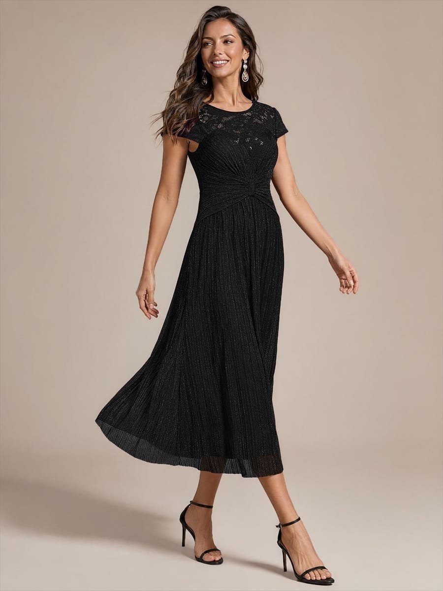 Tulle Cap Sleeve A-line Dress #color_Black