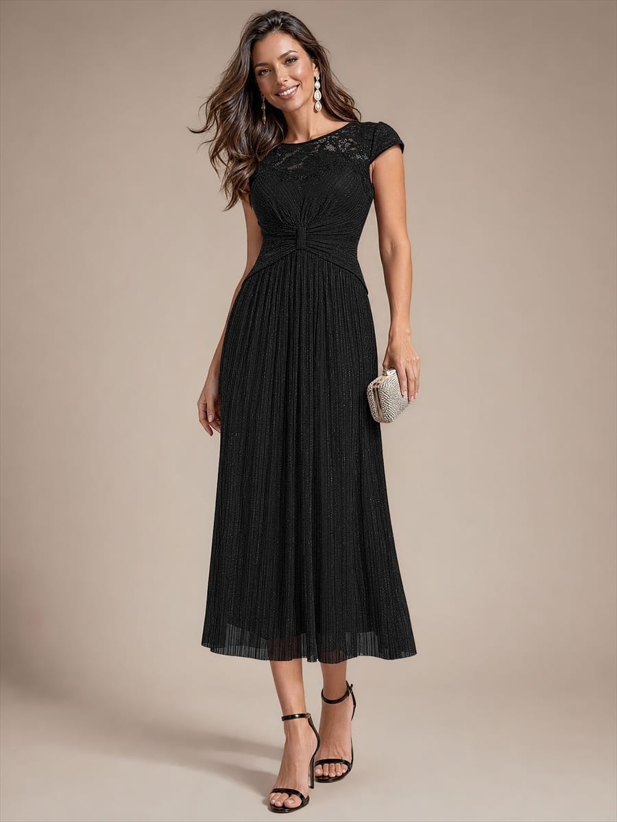 Tulle Cap Sleeve A-line Dress #color_Black