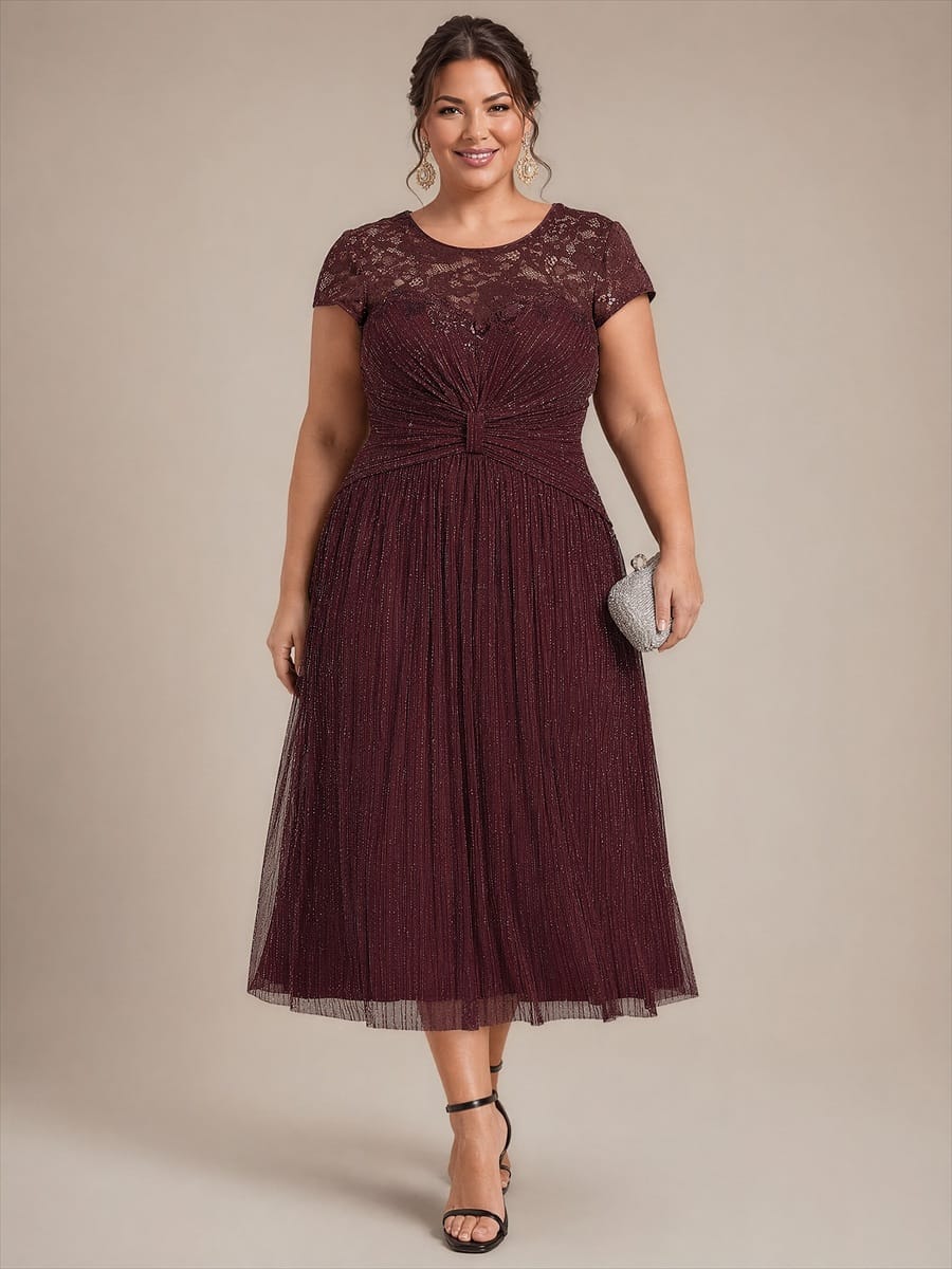 Tulle Cap Sleeve A-line Dress #color_Mahogany Brown