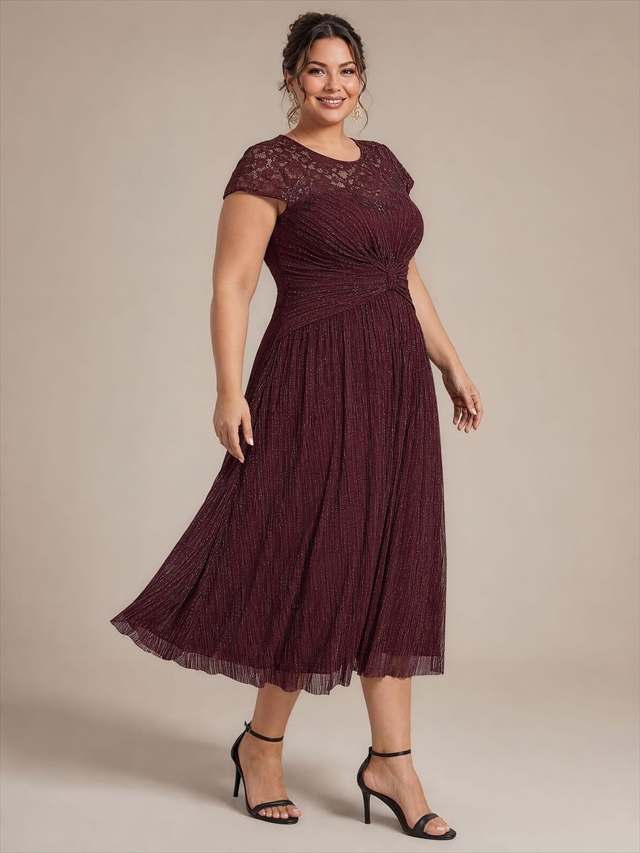 Tulle Cap Sleeve A-line Dress #color_Mahogany Brown