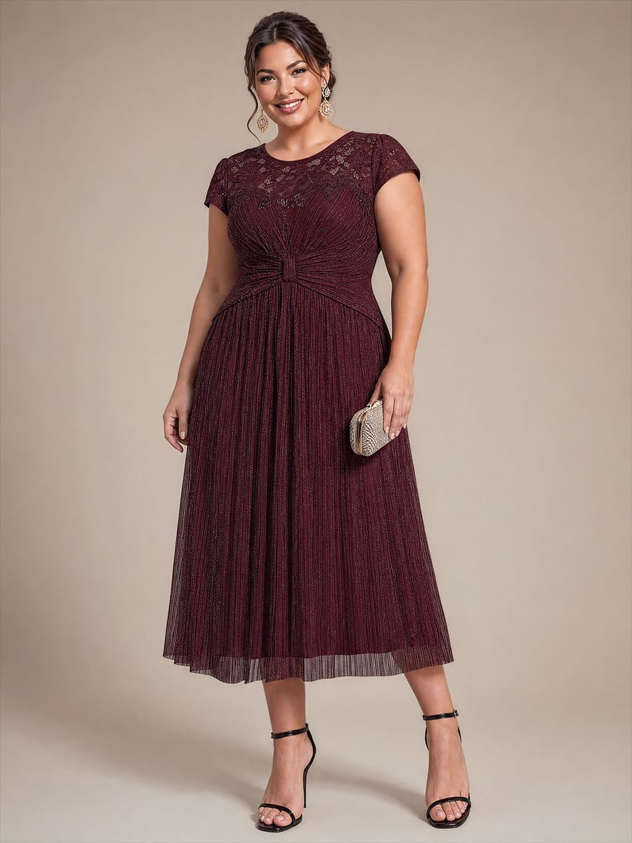 Tulle Cap Sleeve A-line Dress #color_Mahogany Brown