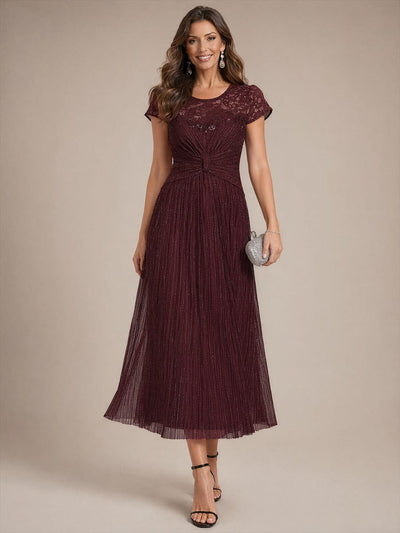 Sequin Tulle Midi Wedding Guest Dress with Cap Sleeves