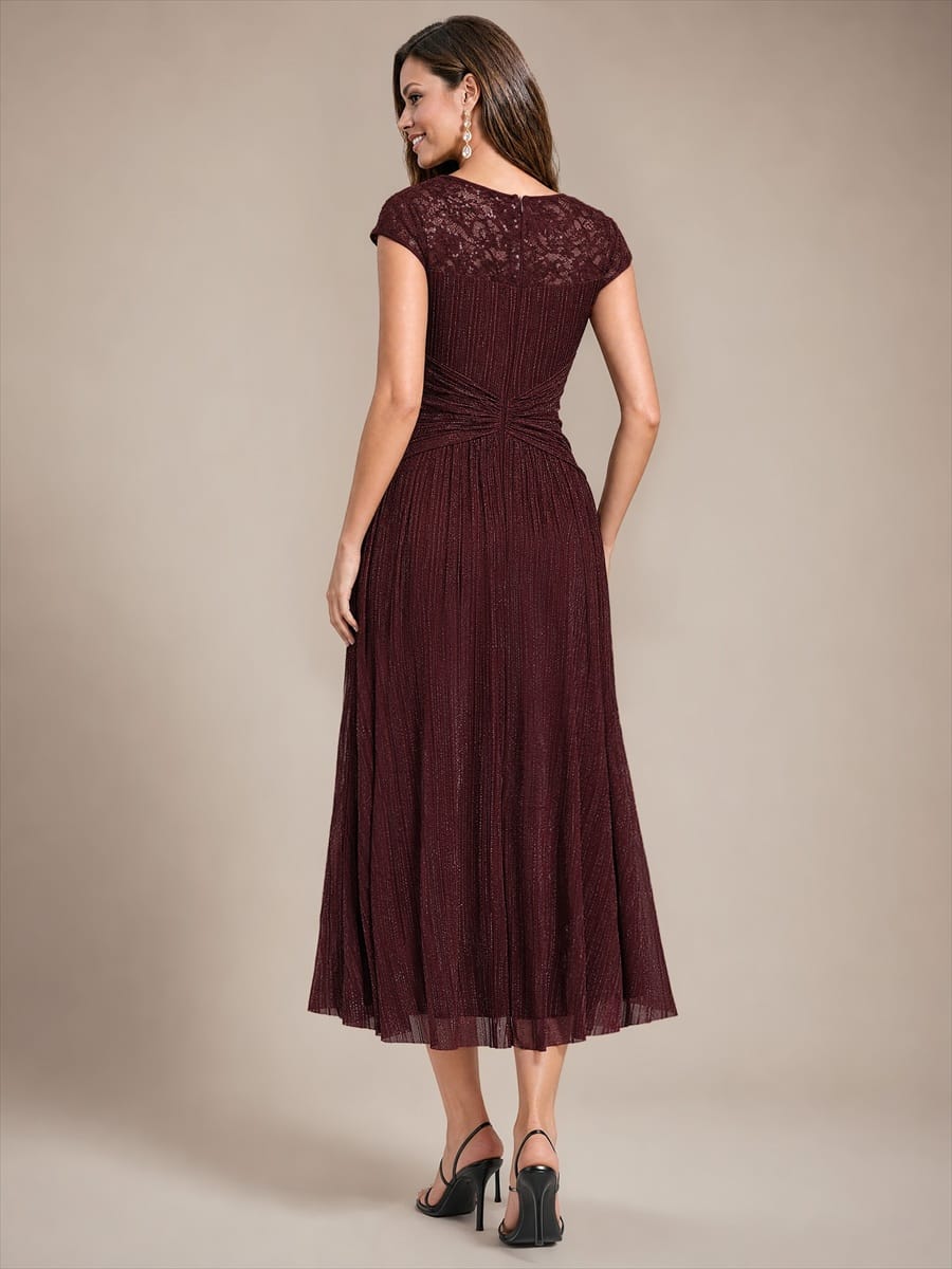 Tulle Cap Sleeve A-line Dress #color_Mahogany Brown