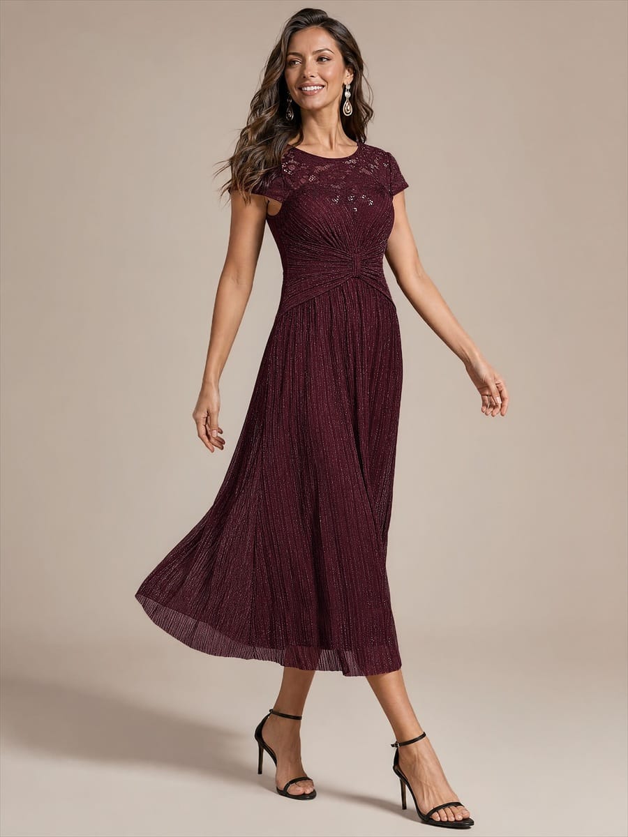 Tulle Cap Sleeve A-line Dress #color_Mahogany Brown