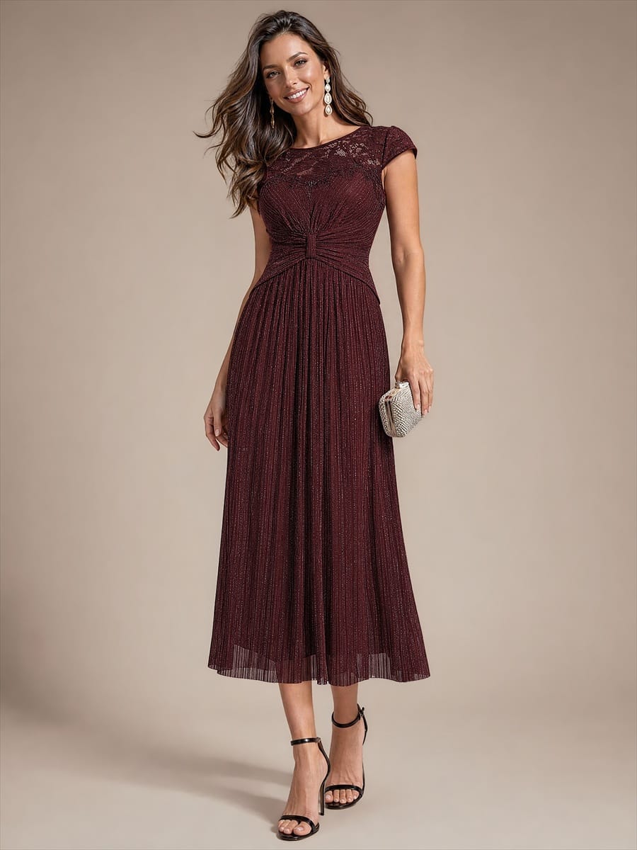 Tulle Cap Sleeve A-line Dress #color_Mahogany Brown